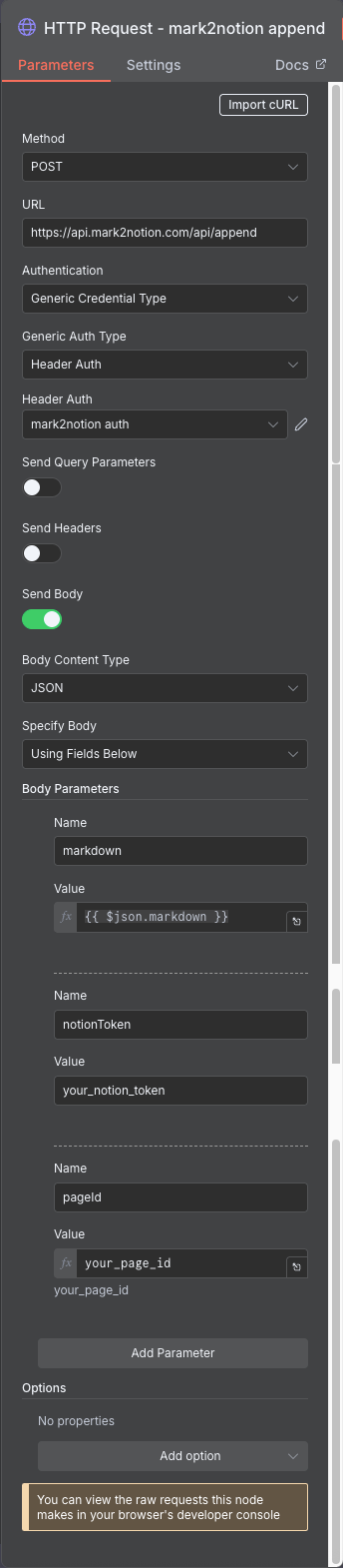 n8n HTTP node configured for Mark2Notion