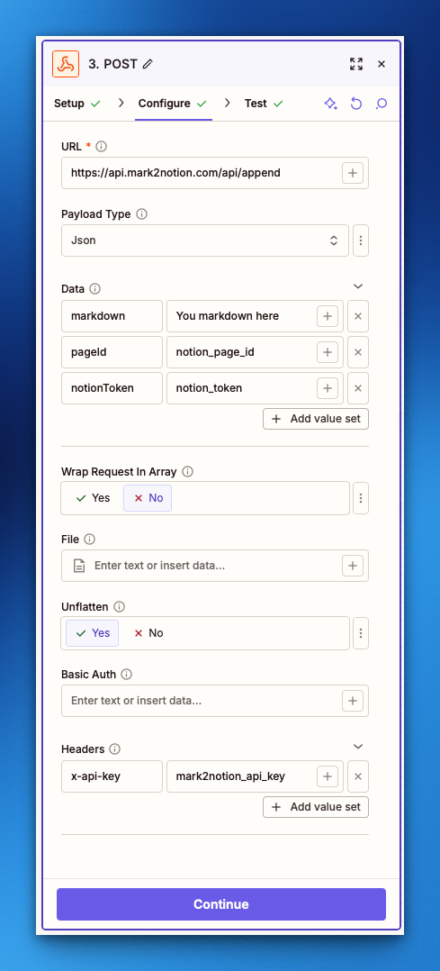 Zapier Webhooks configured for Mark2Notion